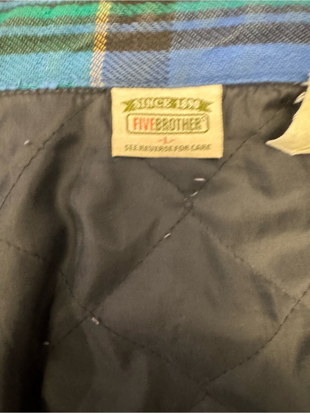 Vintage Five Brother Men's Black Quilted Lightweight Jacket with Blue Plaid Trim